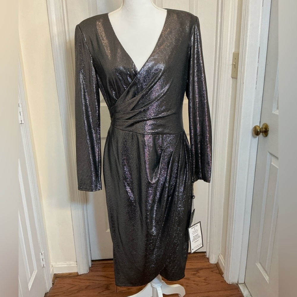 Adrianna Papell Wrap Dress Black Gunmetal Size 12 NWT Metallic Cocktail